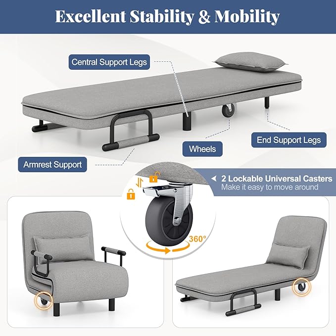 Giantex Convertible Sofa Bed 3-in-1 Folding Sleeper Chair with 5-Position Adjustable Backrest Wheels 2 Legs Recliner Chaise Lounge with Pillow Armchairs for Nursery Living Room (Light Gray)
