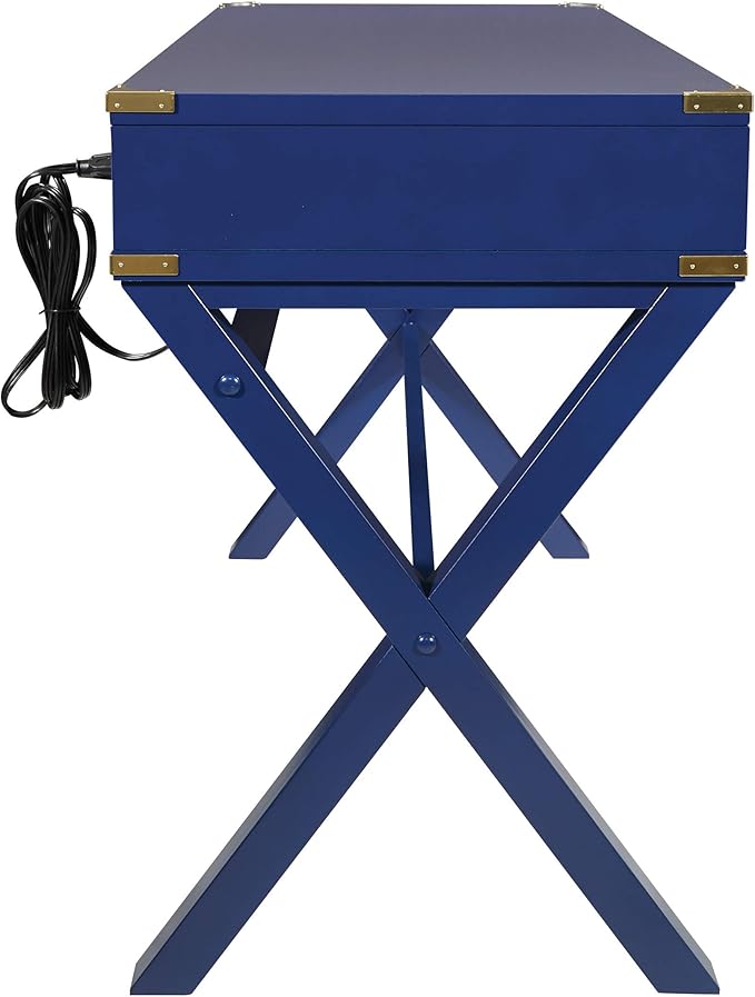 OSP Home Furnishings Wellington 46-Inch Writing Desk with Power Hub and 3 Storage Drawers Lapis Blue