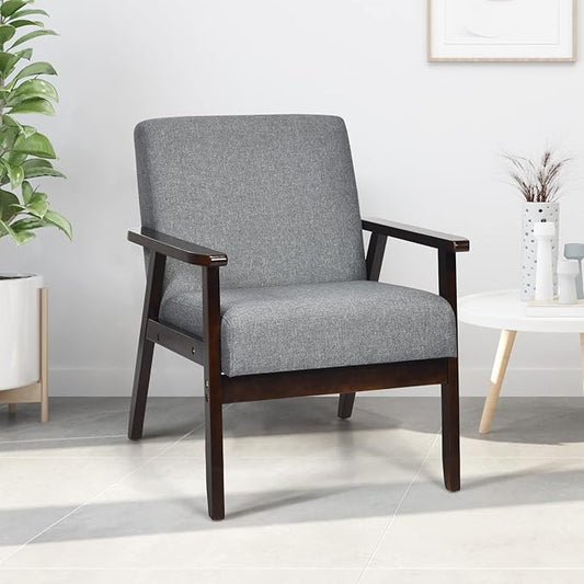 POWERSTONE Mid Century Accent Chair Modern Living Room Armchair Linen Upholstered Reading Lounge Chair Leisure Side Chair with Wood Leg for Bedroom Dark Grey