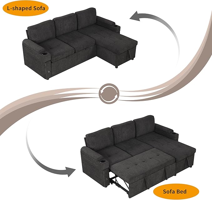 Merax Modern 83.5 L-Shaped Sectional Sofa with Pull-Out Sleeper Bed USB Ports &amp Cup Holders Chenille 3-Seat Couch with Storage Chaise Lounge Side Pocket &amp Drawers for Living Room Black
