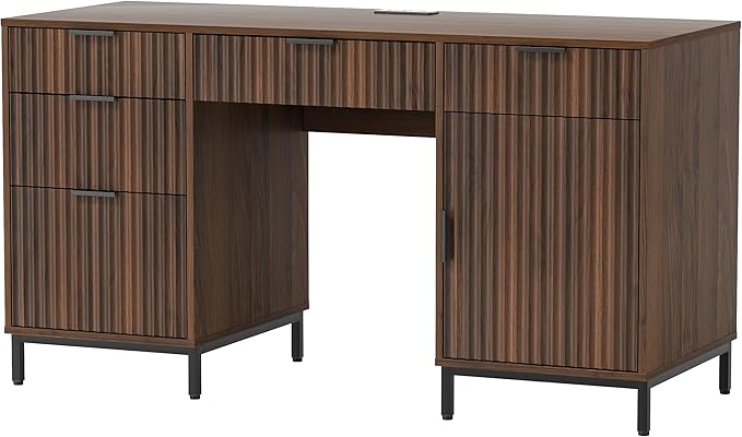 55 Large Fluted Executive Desk with Charging Station Computer Desk with Storage Cabinet and File Drawer Modern Wooden Home Office Desk for Workspace Writing Study Brown