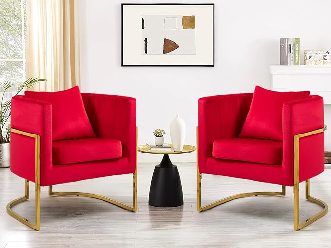 X-VOLSPORT Velvet Accent Barrel Chairs Set of 2 Modern Arm Club Chair Set with Pillow for Living Room/Bedroom/Guest Reception Channel Tufted Gold Finish Base Red