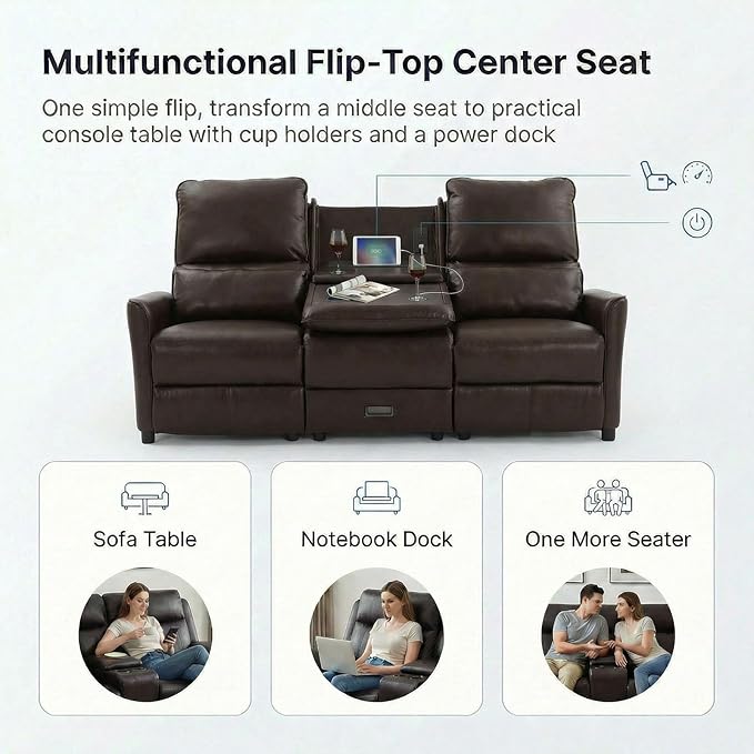 MANBUR 74 RV 3 Seater Recliner Sofa with Flip Backrest &amp Drawer Manual Reclining Couch with USB Ports AC Outlets &amp Cup Holders for RV Living Room Home Theater Seating PU Brown