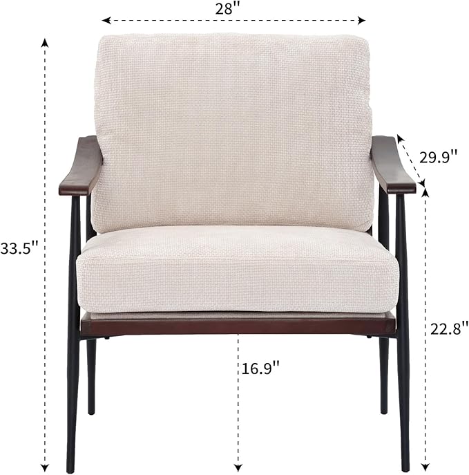 Softa Modern Accent Chair Mid Century Modern Accent Chairs Linen Fabric Arm Chair with Wood Armrests Upholstered Leisure Chair for Living Room Bedroom Reception Room White (White)