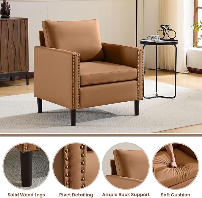 Modern PU Leather Accent Chair Mid-Century Armchair for Living Room Comfy Upholstered Reading Accent Chairs for Bedroom and Office Single Sofa Chair with Wood Legs (Brown 1 Pack)
