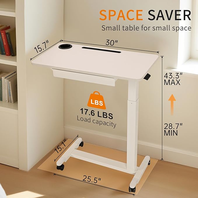 Height Adjustable Overbed Table with Drawer and Wheels Rolling Standing Laptop Desk Portable Bedside Tables with Slot Cup Holder Mobile Pneumatic Computer Cart White