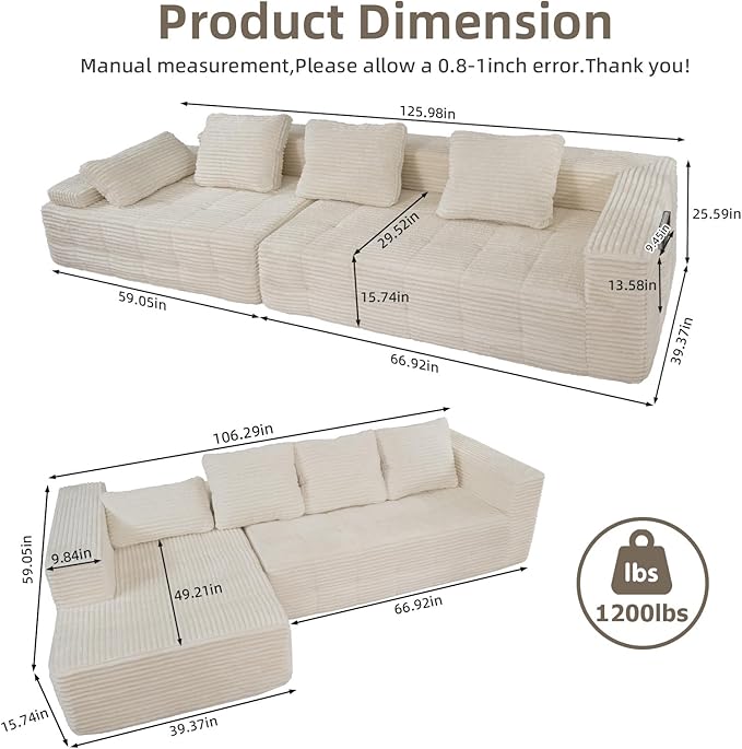 126 Modular Sleeper Couch Sectional Couches for Living Room Ergonomic Memory Foam Sleeper Sofa Oversized Loveseat Sofa Bed Bedroom Apartment Office | Ergonomic No Assembly Required
