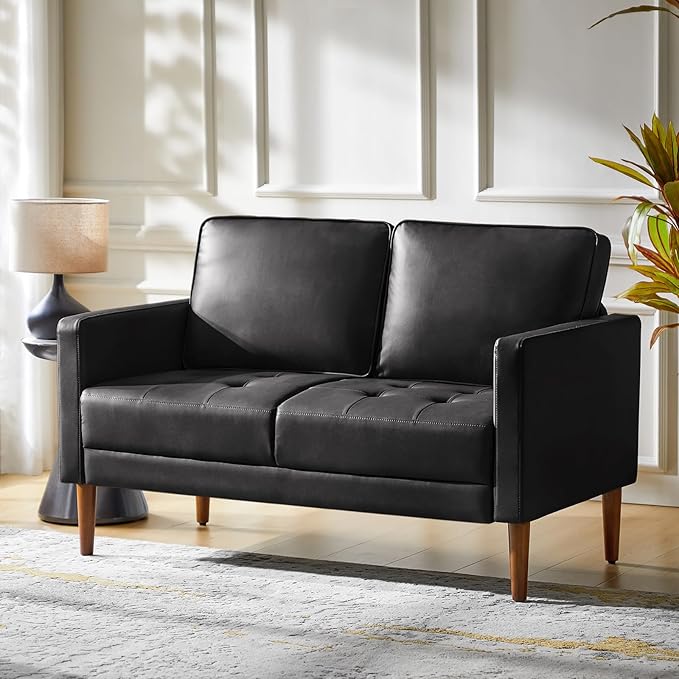 HULALA HOME Mid-Century Modern Faux Leather Loveseat Sofa with Movable Backrest Cushions Button-Tufted 2-Seater Sofa with Wooden Legs Small Love Seat Accent Couch for Living Bedroom Black