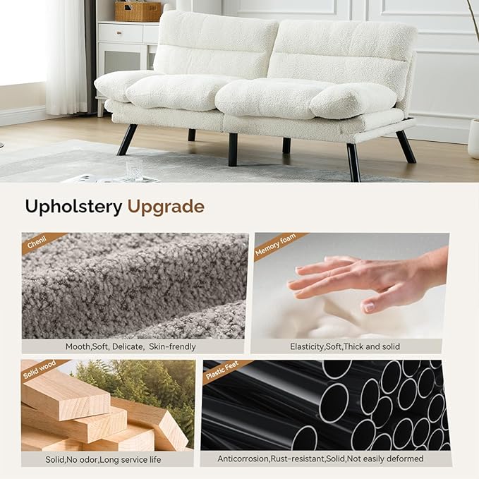 White Modern Teddy Velvet Convertible Folding Futon Couch Sofa Bed Adjustable Pillow Top Arm Memory Foam Couch Double Love Seat Sofa for Compact Space Dorm Apartment Bedroom Loveseat (White)