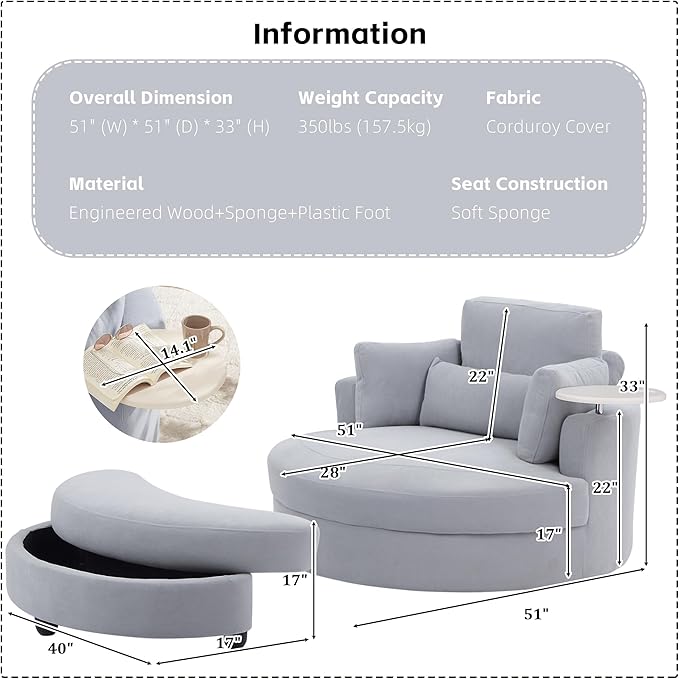 DEINPPA Swivel Accent Chair with Armrest Tray Round Barrel Chairs with Ottoman for Living Room Bedroom-Corduroy Fabric-Haze Blue