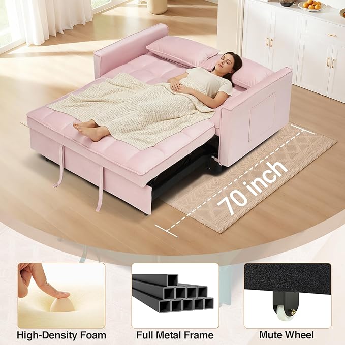 3 in 1 Convertible Sleeper Sofa Bed Modern Velvet Loveseat Pull-Out Couch w/Pullout Bed Small Love Seat Lounge Sofa w/Reclining BackrestToss Pillows Pockets for Living Room (Pink 55.1)