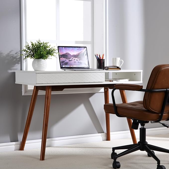 GarveeHome 42 in Mid Century Home Office Writing Desk Modern Simple Computer Desk with Drawer and Open Storage Cubby Small Vanity Table Desk for Bedroom White