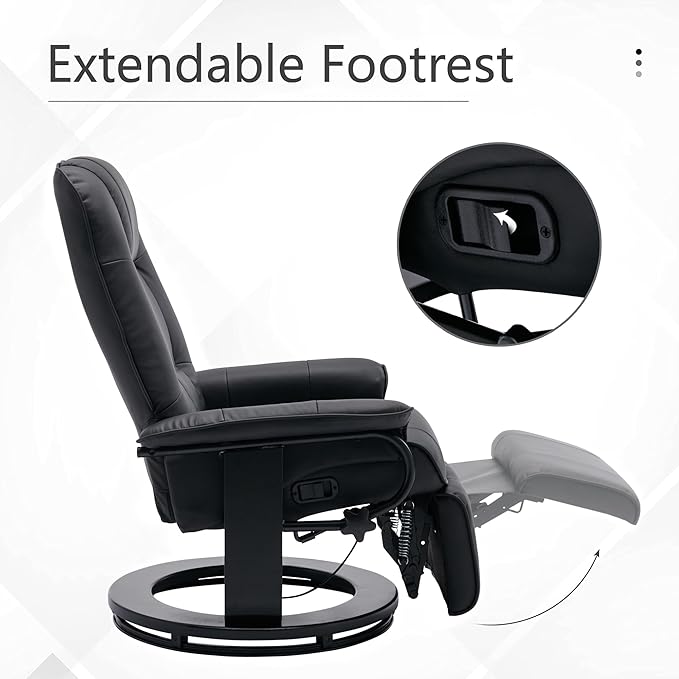Faux Leather Manual ReclinerAdjustable Swivel Lounge Chair with FootrestCan Rotate 360 DegreesL-Right Angle Curved Wooden Frame Armrest and Wrapped Wood Base for Living RoomBlack