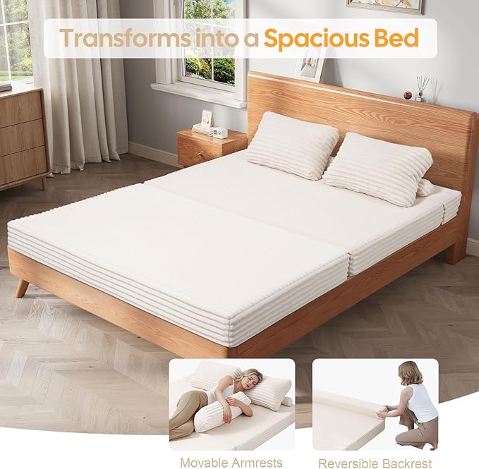 MeMoreCool Convertible Sofa Bed Folding Floor Couch Bed Queen Pull Out Sleeper Couch with Pillows Fold Out Futon Sofa for Bedroom Living Room Small Space Corduroy Beige