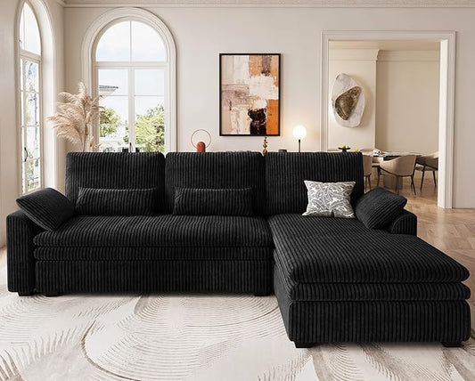 Belffin Large Modular Sectional Sofa with Deep Chaise 104 Corduroy L Shaped Couch with 9 Soft Dual-Layer Seats Cushion for Living Room Apartment Black