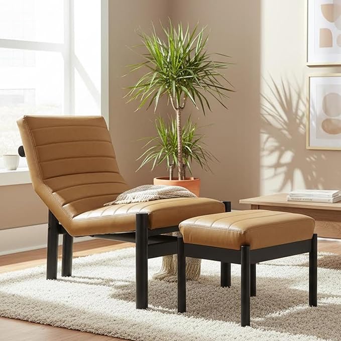 CIMOTA Upholstered PU Leather Accent Chair and Ottoman Set Modern Living Room Chair with Reclining Backrest and Footstool Small Reading Chairs for Living Room Bedroom Brown