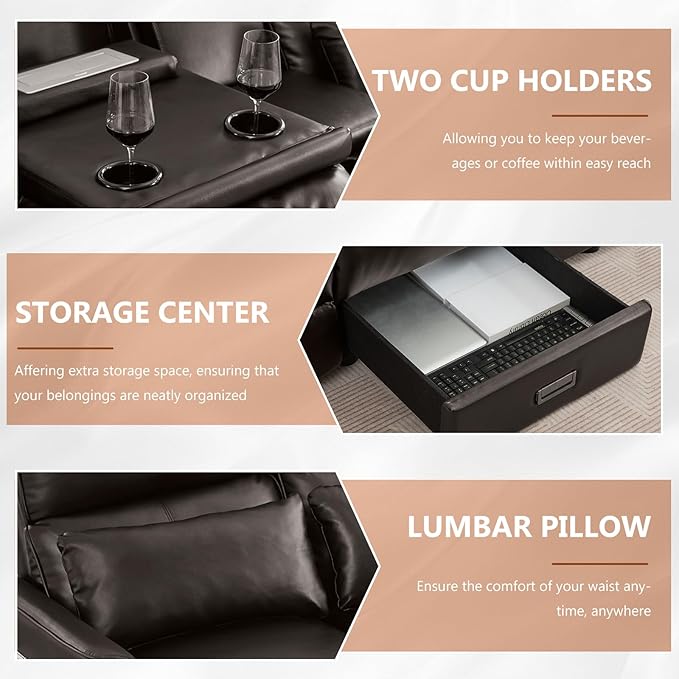 Reclining Loveseat Sofa 3 Seat Manual Recliner Couch with Flip Middle Backrest Console Wall Hugger Storage Drawer &amp Cup Holder for RV &amp Living Room Seating (Dark Brown 3 seat)