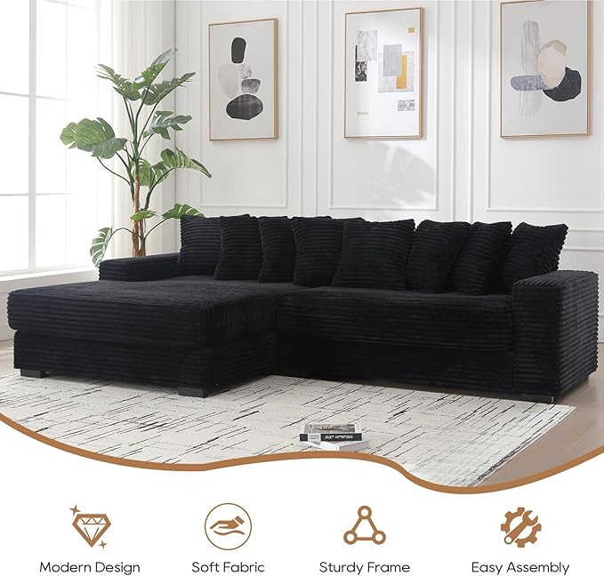 Fefances Spacious Two-Section Left-Oriented Modular L-Shaped Corduroy Sectional Couch for Living Spaces 111 Upholstered Convertible Chaise Sofa &amp Chaise Lounge with Daybed FunctionalityBlack/R.