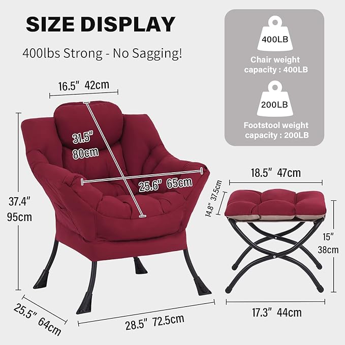 Tiita Lazy Chair with Ottoman Red Modern Large Accent Chair Comfy Leisure Sofa Armchair with Ottoman Reading Chair with Footrest for Bedroom Living Room Dorm Rooms Wine red