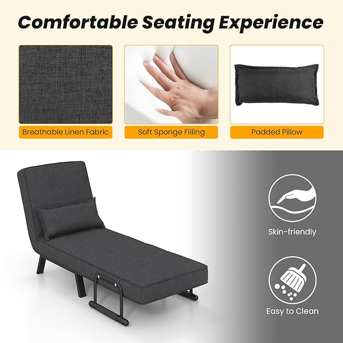 Giantex Convertible Sofa Bed 4-in-1 Sleeper Chair with Pillow Modern Recliner Guest Bed with 6 Positions Adjustable Backrest Metal Legs Linen Fabric Armchairs for Nursery Living Room Office