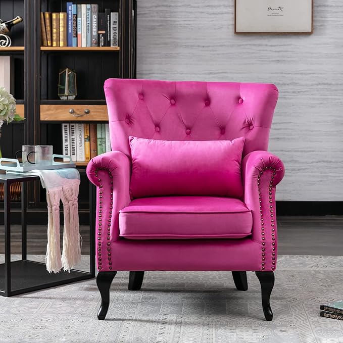 chairus Mid-Century Modern Accent Chairs Set of 2 Comfy Tufted Single Sofa Chair Wingback Armchair with Pillow for Club Living Room Bedroom - Velvet Rose