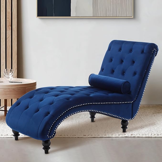 Velvet Chaise Lounge Chair Indoor Comfy Upholstered Chaise Lounge with Pillow and Solid Wood Legs Button Tufted Leisure Sofa Recliner for Living Room Bedroom Office Apartment (Blue)