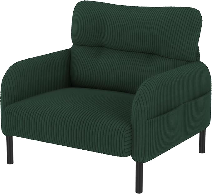 Emerald Accent Chair - Corduroy Living Room Chairs with Side Storage Pockets and Durable Legs Comfy Arm Reading Chair with Soft Backrest for Bedroom Balcony Study Room