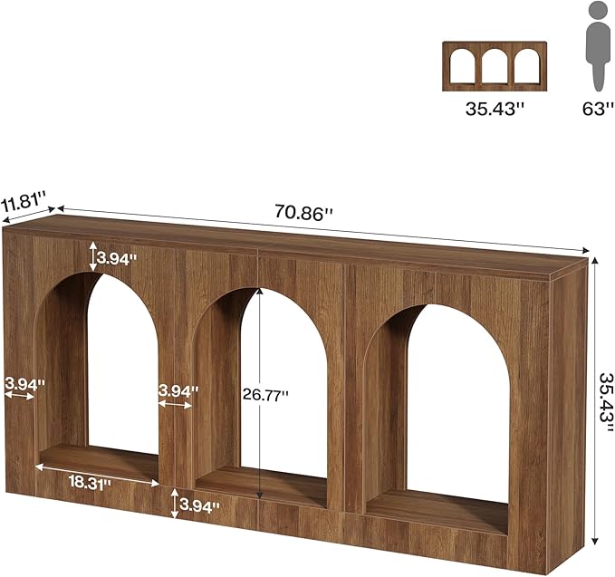 Tribesigns 70.9 Console Table with Storage Wood Entryway Entry Table with 3 Arched Shelves for Foyer Hallway Living Room Behind Couch Sofa Narrow Long Brown
