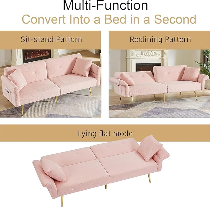 69.5''Pink Futon Loveseat Sofa Bed Teddy Upholstered Folding Couch with Adjustable Backrest and Armrests Sleeper Couches with Side Pocket and Gold Metal Legs for Small Space Living Room (Pink)