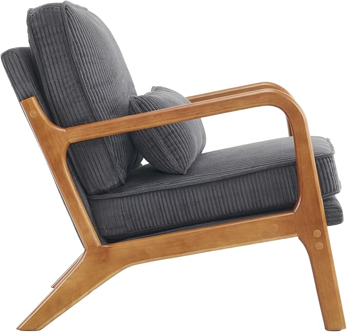 VINGLI Upgraded Premium Corduroy Accent ChairUpholstered Arm ChairSolid Wood Comfy Reading Chair with Lumbar Pillow Mid Century Modern Chairs for Living RoomBedroomDark Grey