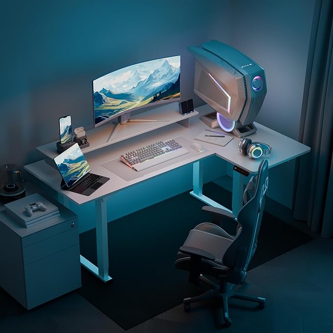 4 Legs L-Shaped Standing Desk Large 71x43 Inches Electric Adjustable Height Desks with Splice Board Stand Up Desk Home Office Computer Workstation White