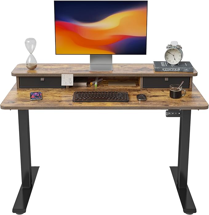 FEZIBO 40 x 24 Inch Height Adjustable Electric Standing Desk with Double Drawer Stand Up Desk with Storage Shelf Sit Stand Desk Rustic Brown
