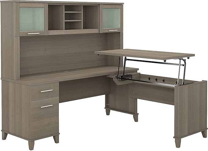 Bush Home Somerset 72W 3 Position Sit to Stand L Shaped Desk with Hutch in Ash Gray | Adjustable Height Table for Home Office