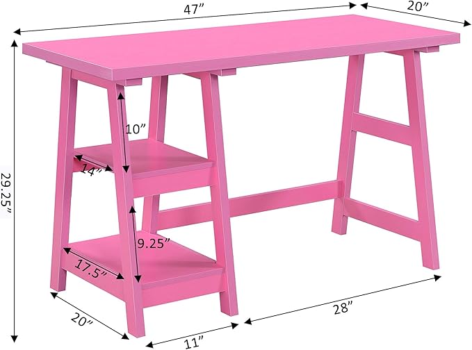 Convenience Concepts Designs2Go Trestle Desk 47 - Modern Desk or Vanity with Shelves for Office Dorm Living Room Pink