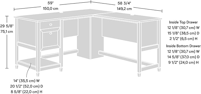 Sauder Edge Water L-Shaped Corner Desk with Storage Drawers and Open Shelf in Chalked Chestnut
