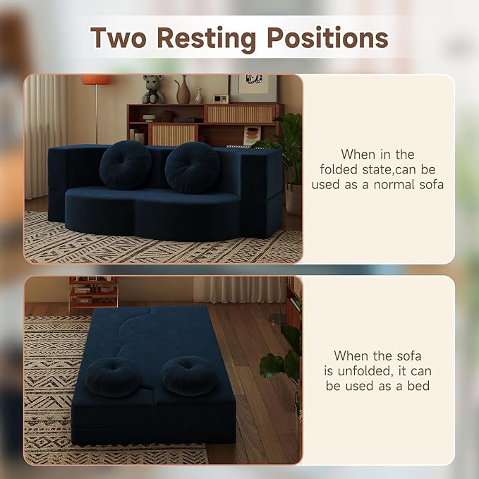 2-in-1 Full Size Convertible Floor Sleeper Couch Sofa Bed78”Folding Boneless Large Futon Loveseat Sofa with 2 Pillows Foam-Filled Compression Guest Couches Bed for Living Room (Blue)
