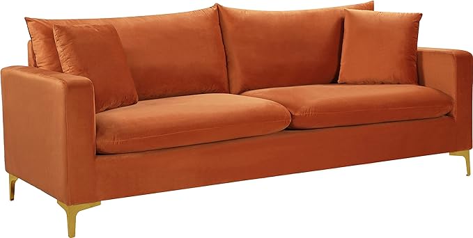 Meridian Furniture 633Cognac-S Naomi Collection Modern | Contemporary Velvet Upholstered Sofa with Deep Channel Tufting and Rich Gold Stainless Steel Legs Cognac 81.5 W x 33.5 D x 30 H