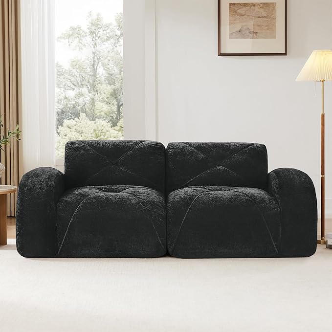 Black Loveseat Sectional Couches for Living Room Velvet Fabric Boneless Couch in a Box No Assembly Required Cloud Modular Sectional Sofa Love Seat Foam Couch Compressed Sofa Set Sofas para Sala