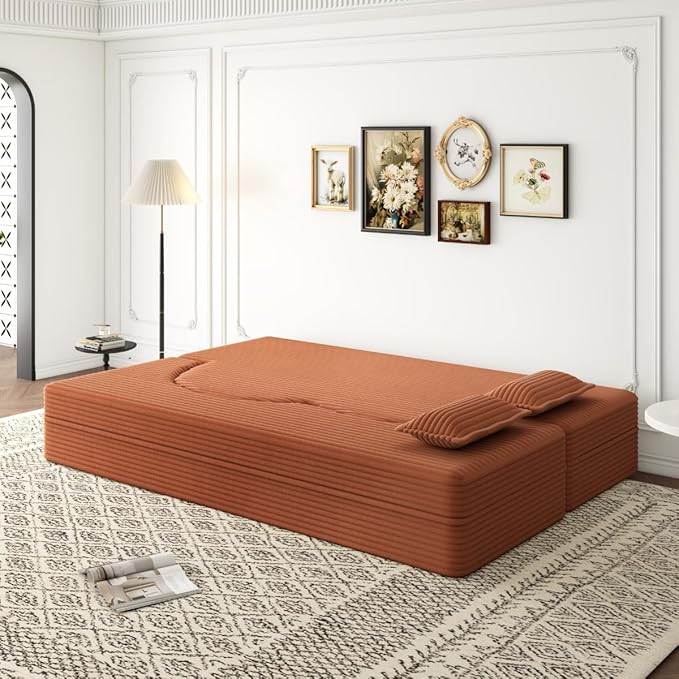 Convertible Sofa Bed Full Size｜78 Sleeper Couch with 2 Pillows｜Corduroy Fabric Folding Sofa Bed｜High-Density Foam｜No Assembly｜Space-Saving｜for Living Room Guest Room｜Orange