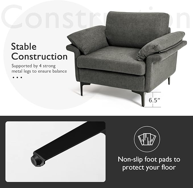 Giantex Set of 2 Single Sofa Accent Chair with 5 Inch Comfy Cushion Zippered Armrests Steel Legs Living Room Armchair Upholstered Leisure Chair for Bedroom Reception Room Grey