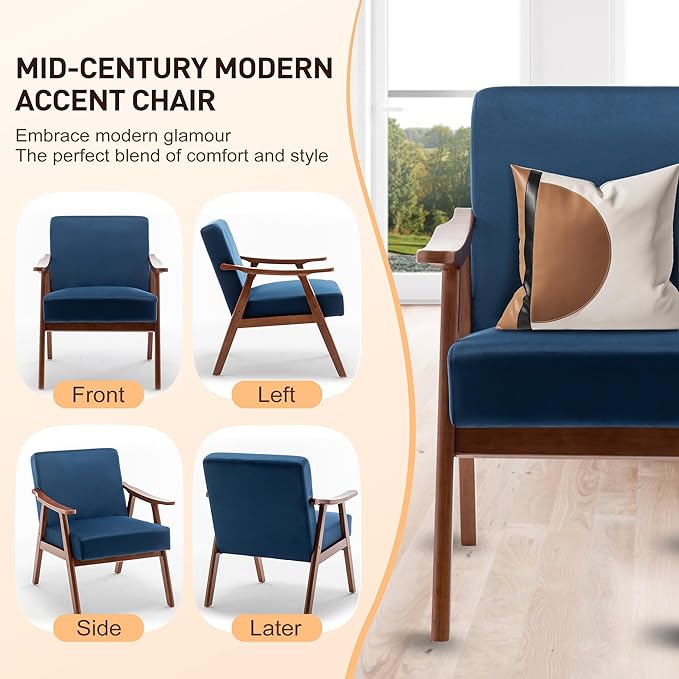 Mid Century Modern Accent Chairs with Solid Wood Frame Comfortable Accent Chair with Arms for Living Room or BedroomBlue