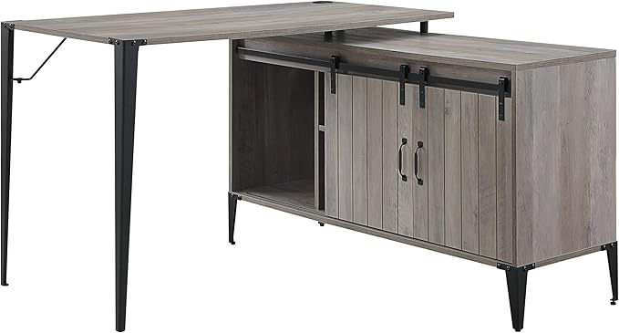 Zakwani 48 Gray Oak &amp Black Finish L-Shape Writing Desk Modern Home Office Desk with Sliding Barn Door