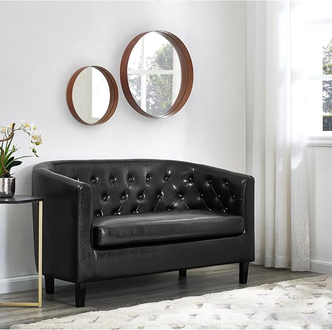 Naomi Home Emma Faux Leather Accent Seating Modern Tufted Design with Wooden Legs Supportive Back for Living Room Bedroom or Office – Black