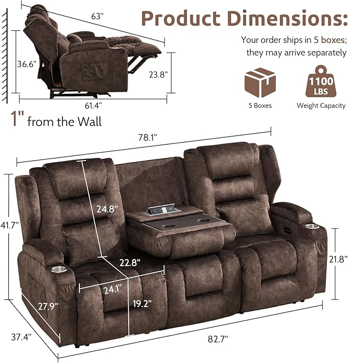 SAMERY Loveseat Recliner Sofa Power Reclining Loveseat Sofa Wall Hugger Recliners RV Couch with Flip-Backrest Solid Wood Top Ambient LED Lights USB-C Outlets Velvet Chestnut | Extra Wide Seat
