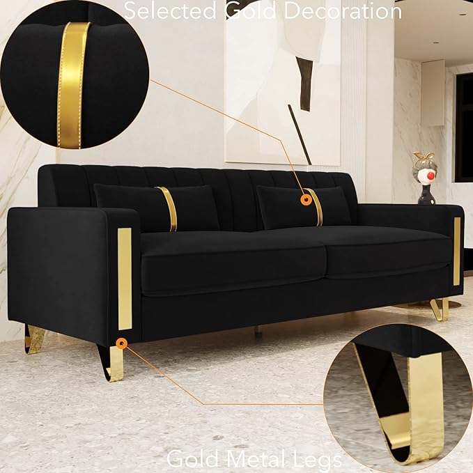 85.63 Modern Black Velvet Sofa with Gold Metal Legs Large Upholstered Comfy 3 Seater Couches for Living Room Bedroom Office (Black)