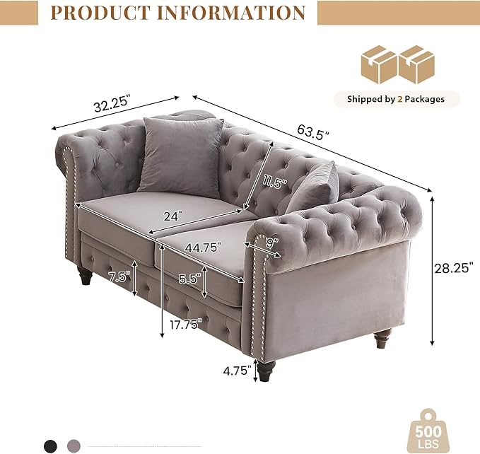 Modern Chesterfield Sofa Couch 63.5-inch Velvet Fabric Loveseat Sofa with Rolled Arms and Tufted Button for Living Room Office Light Grey