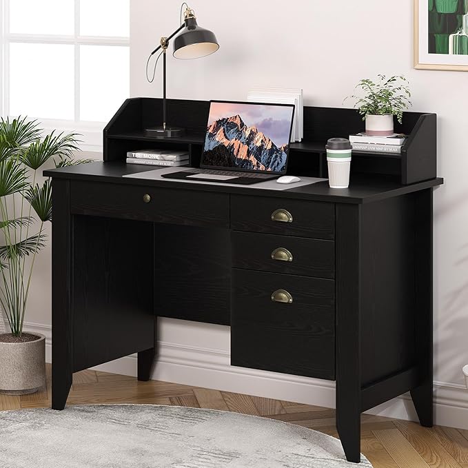 4 EVER WINNER Black Desk with Drawers Small Desk with File Drawer and Monitor Stand Computer Desk with Storage Writing Desk for Bedroom Home Office Black