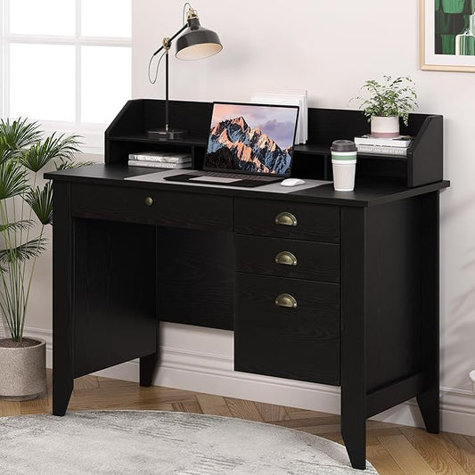 4 EVER WINNER Black Desk with Drawers Small Desk with File Drawer and Monitor Stand Computer Desk with Storage Writing Desk for Bedroom Home Office Black