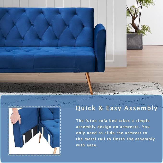 KINFFICT Velvet Futon Sofa Bed with 2 Pillows Convertible Sleeper Sofa Couch with 3 Angle Adjustable Backrest Modern Loveseat with 4 Golden Metal Legs for Living Room and Bedroom