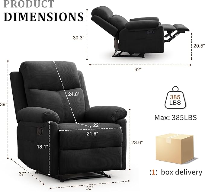 Recliner Chairs Small Recliners for Small Spaces Manual Recliner for Adults with Side Pockets Adjustable Overstuffed Comfy Corduroy Reclining Chair for Living Room Bedroom Reading Black